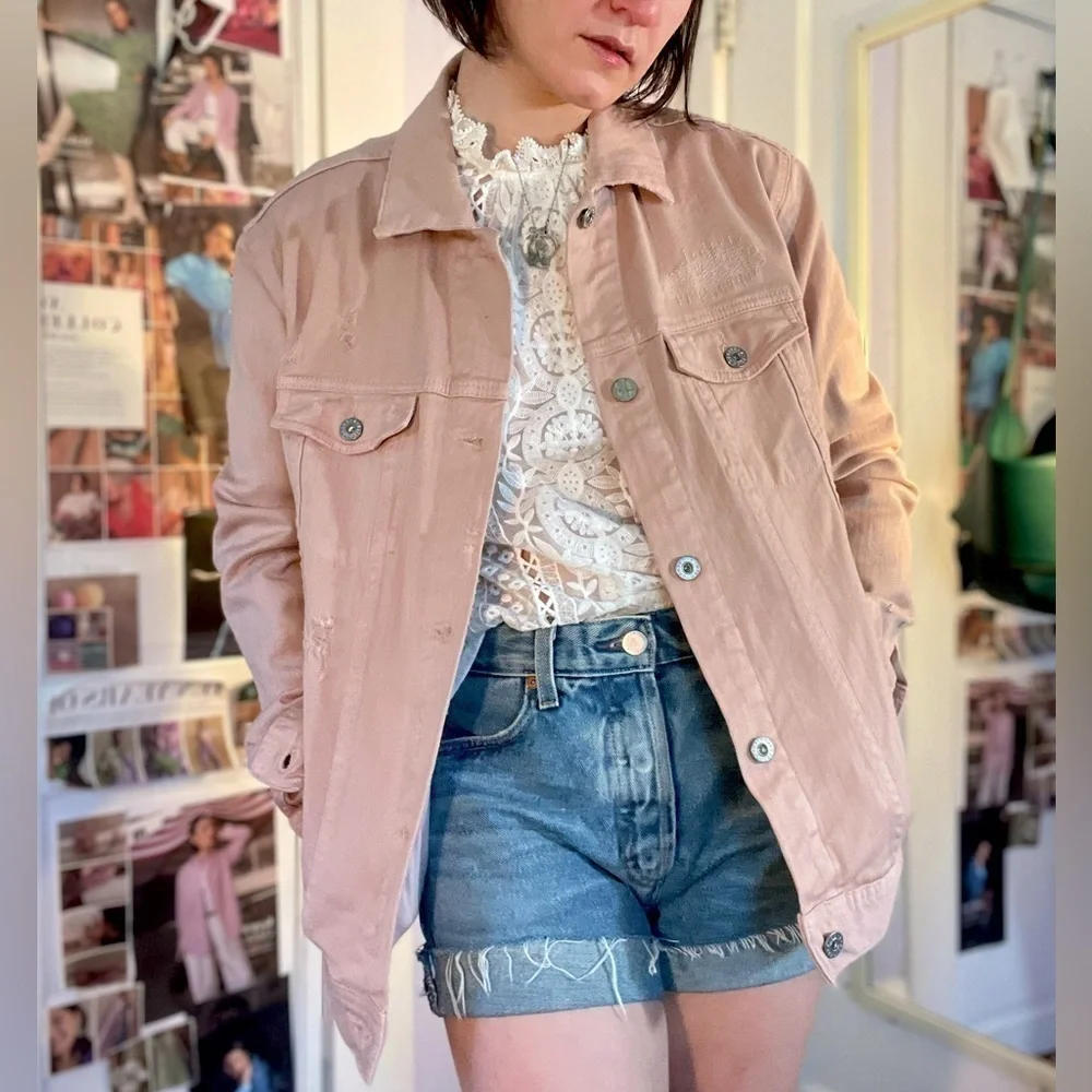 AG Distressed Pink Denim Jacket Size S - Picture 1 of 9